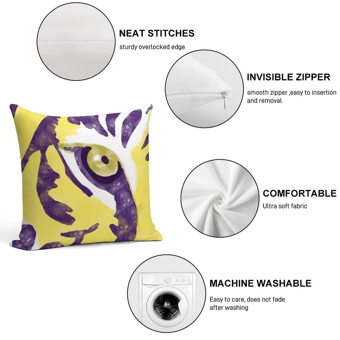 Purple And Gold Watercolor Tiger Artwork Soft Reinforced Edging Throw Pillow