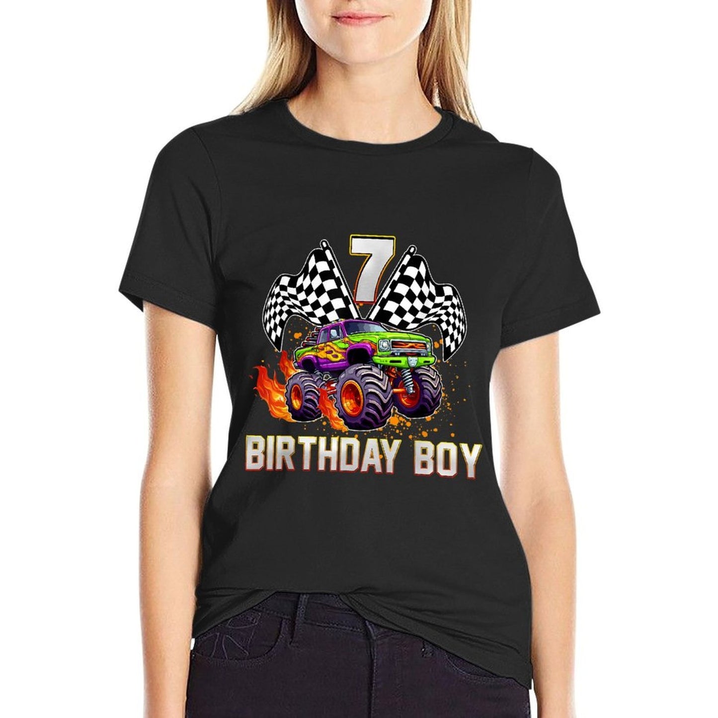 Birthday Monster Truck 7 Year Old Boys 7Th Party Matching  Oversized Silhouette T-Shirt
