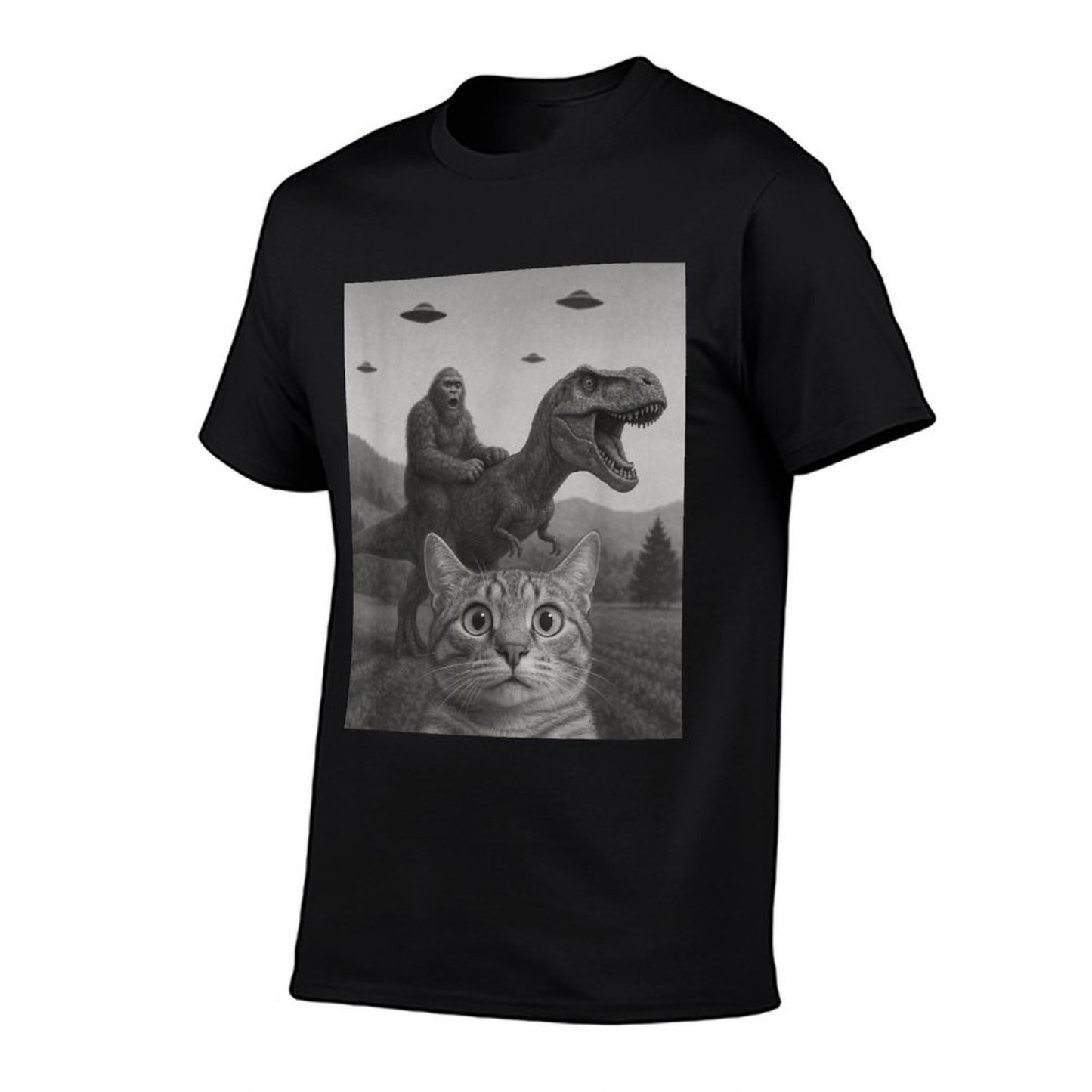 Cat Selfie with Bigfoot Riding T-rex Dinosaur Alien UFO Men Women Kids  Relaxed-fit T-Shirt