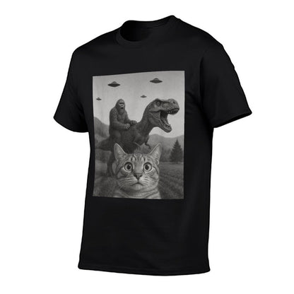 Cat Selfie with Bigfoot Riding T-rex Dinosaur Alien UFO Men Women Kids  Relaxed-fit T-Shirt