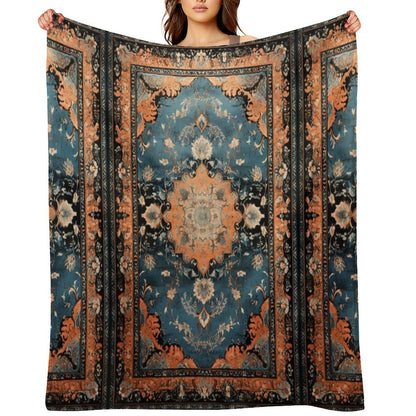 Orange Dark Azure Persian Carpet Machine-washable Throw Blanket