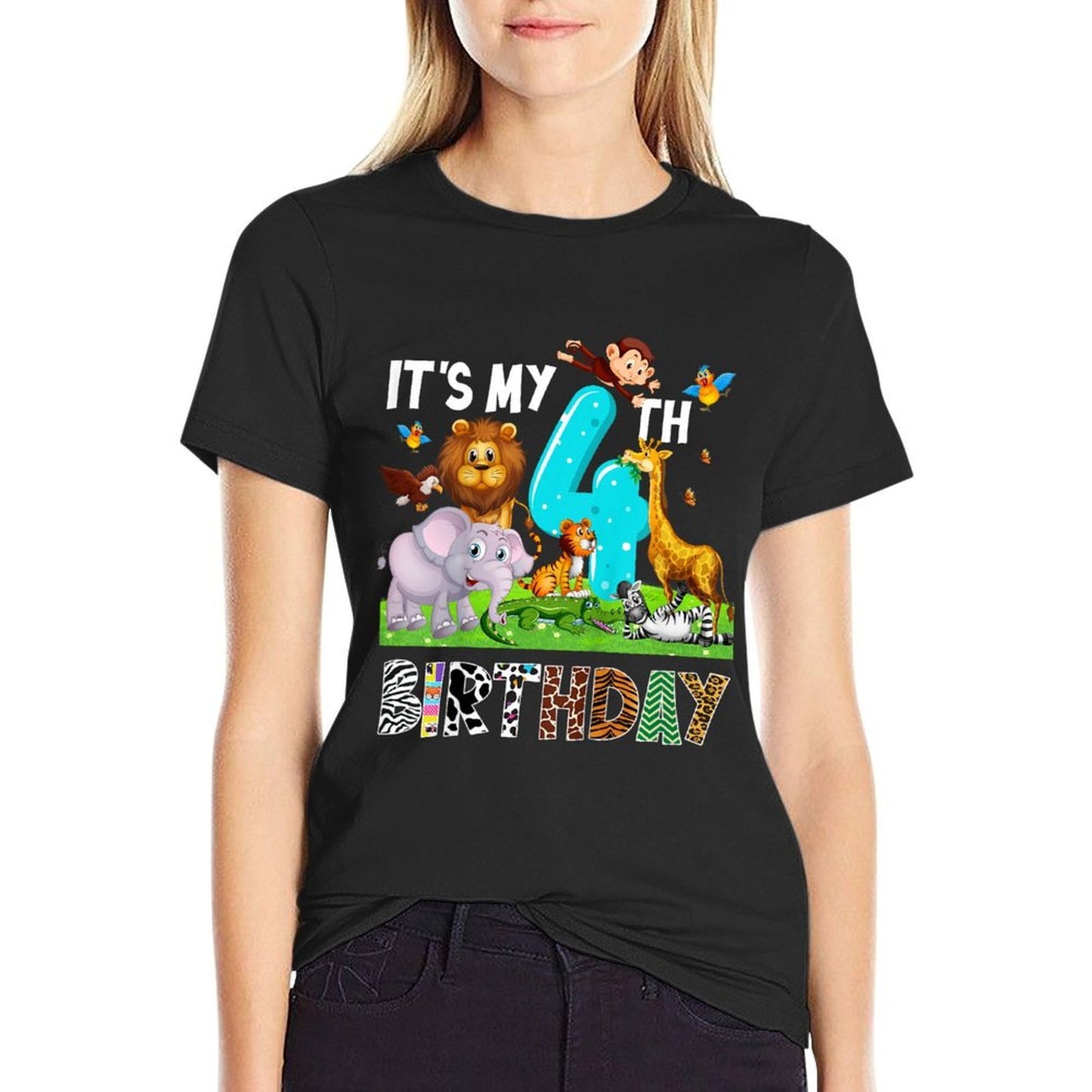 Kids It's My 4th Birthday Zoo Jungle Safari 4 Years Old Animals  Oversized Silhouette T-Shirt