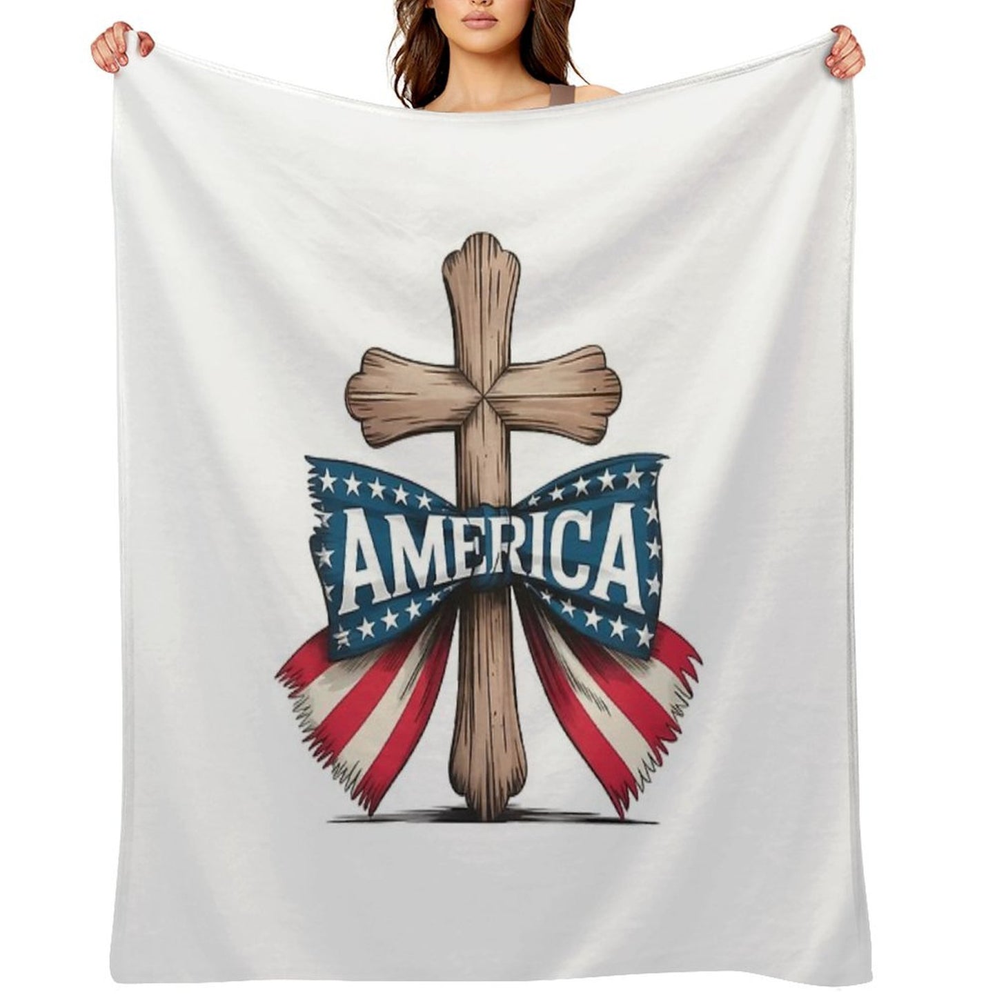 Christian Cross American Flag Bow Patriotic Shirt Eco-conscious Throw Blanket