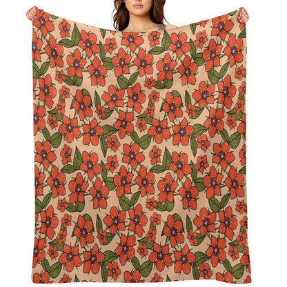 Scarlet Pimpernel Floral Design, Red And Purple Flowers with Green Leaves on A Peach Fuzz Background Easy Care Throw Blanket