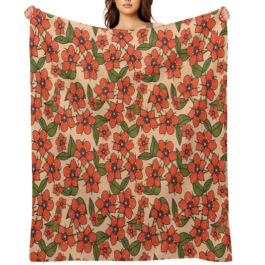 Scarlet Pimpernel Floral Design, Red And Purple Flowers with Green Leaves on A Peach Fuzz Background Easy Care Throw Blanket
