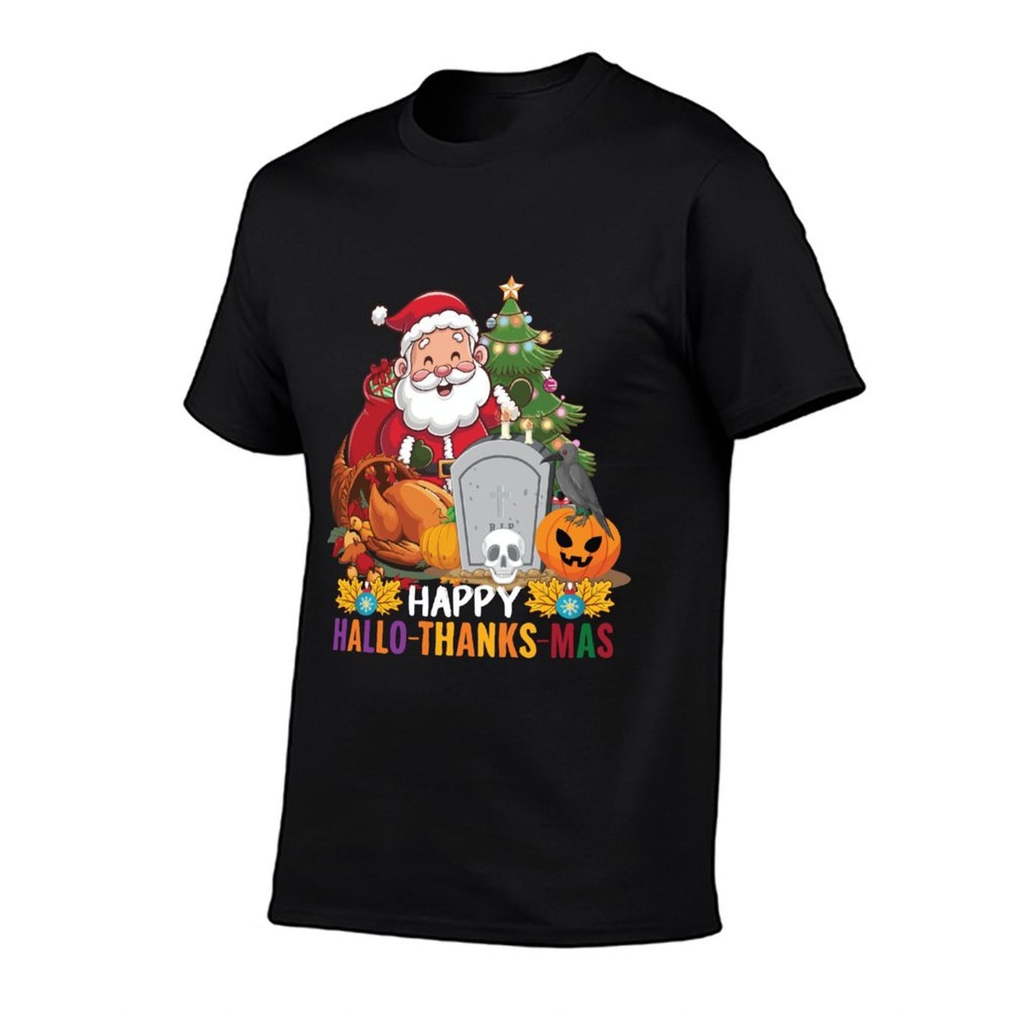 Happy Hallothanksmas Thanksgiving Halloween Merry Christmas  Rolled Sleeves T-Shirt