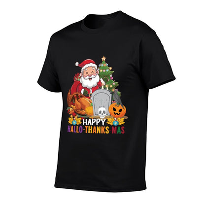 Happy Hallothanksmas Thanksgiving Halloween Merry Christmas  Rolled Sleeves T-Shirt