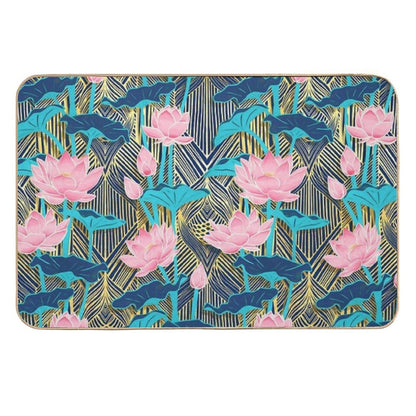 Art Deco Lotus Flowers in Pink & Navy  High-Traffic Bath Mat