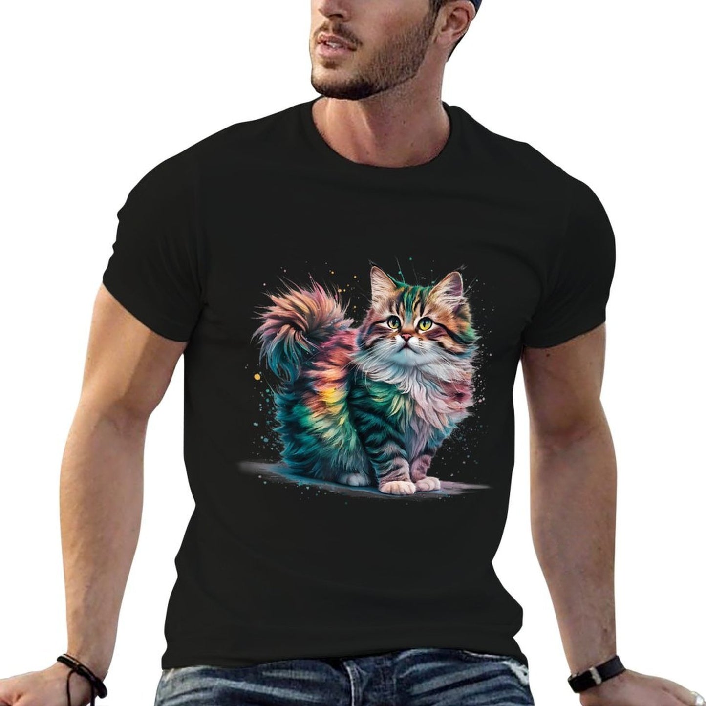 Cat Men Women Colourful Watercolour Cat  Ribbed Collar T-Shirt