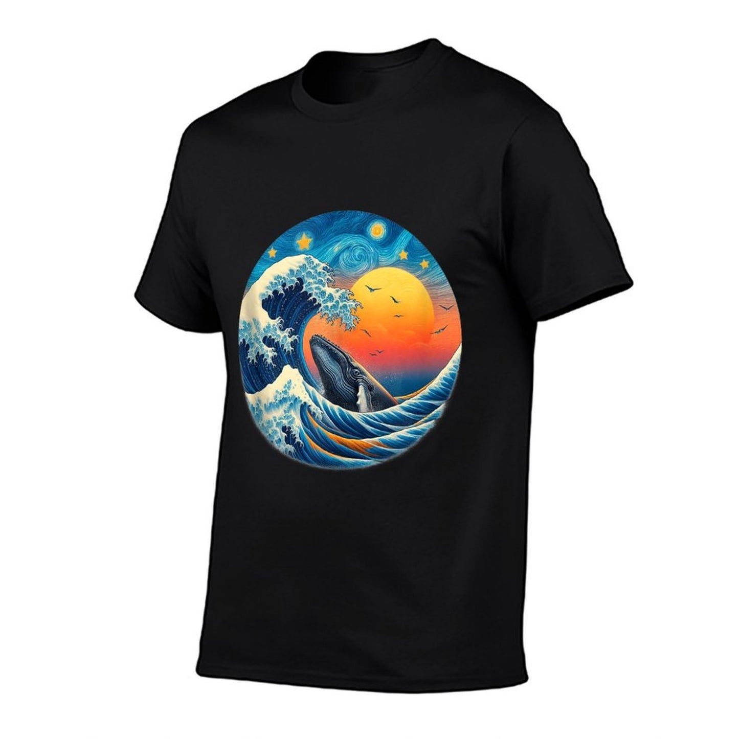 Sunset Whale Wave - Ocean, Starry Night, Sky, Van Gogh Style  Heathered Texture T-Shirt