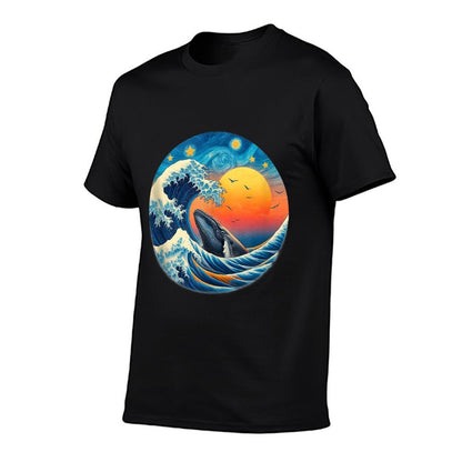 Sunset Whale Wave - Ocean, Starry Night, Sky, Van Gogh Style  Heathered Texture T-Shirt