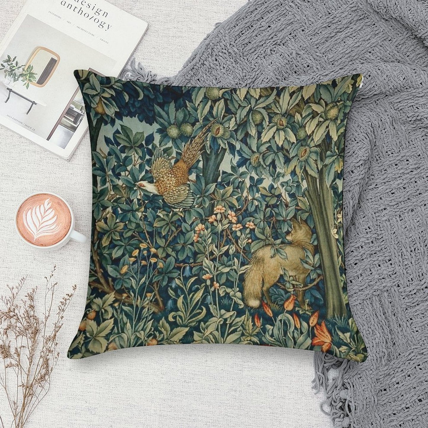 GREENERY, FOREST ANIMALS Pheasant And Fox Blue Green Floral Tapestry Soft Durable Construction Throw Pillow