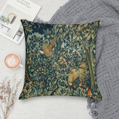 GREENERY, FOREST ANIMALS Pheasant And Fox Blue Green Floral Tapestry Soft Durable Construction Throw Pillow