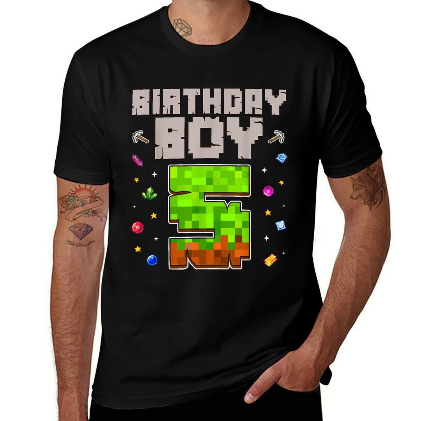 Birthday Boy 5 Kids Pixel Number 5th Birthday Party  Summer-ready Fabric T-Shirt