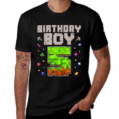 Birthday Boy 5 Kids Pixel Number 5th Birthday Party  Summer-ready Fabric T-Shirt