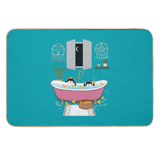 Cats  Bubble Bath  Duck Chaos  Illustration  Eco-Friendly Bath Mat