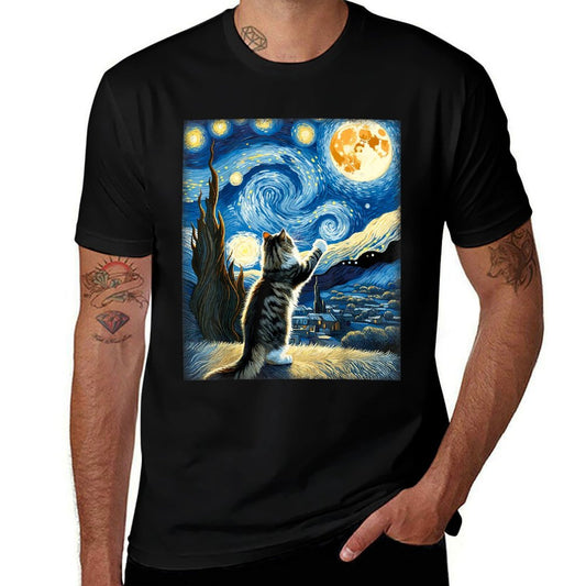 Van Gogh Starry Night Style Artistic Norwegian Forest Cat  Durable T-Shirt