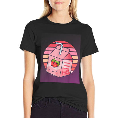 Mens Womens Japanese Pink Strawberry Milk Kawaii 90s Retro  Eco-friendly Material T-Shirt