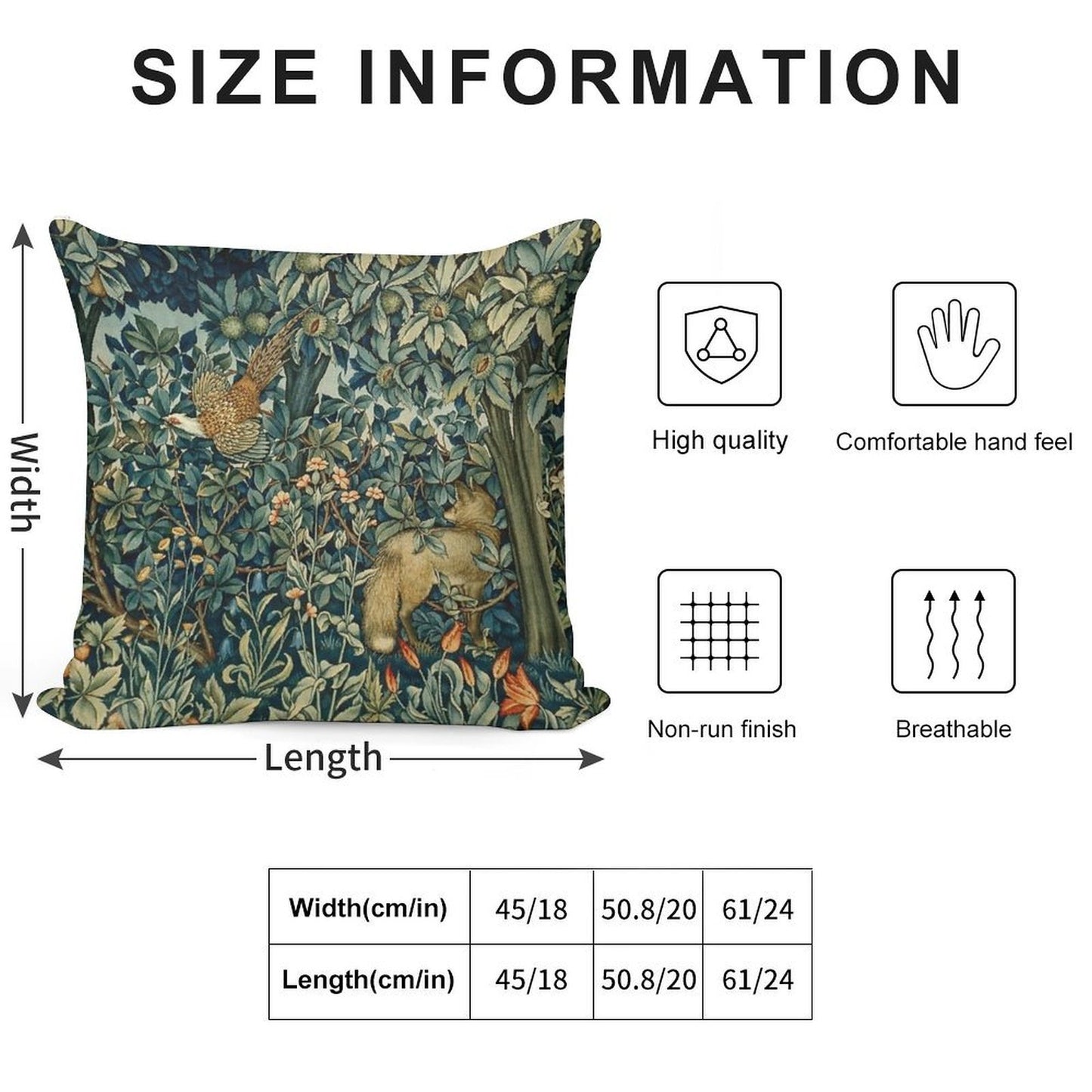 GREENERY, FOREST ANIMALS Pheasant And Fox Blue Green Floral Tapestry Soft Durable Construction Throw Pillow