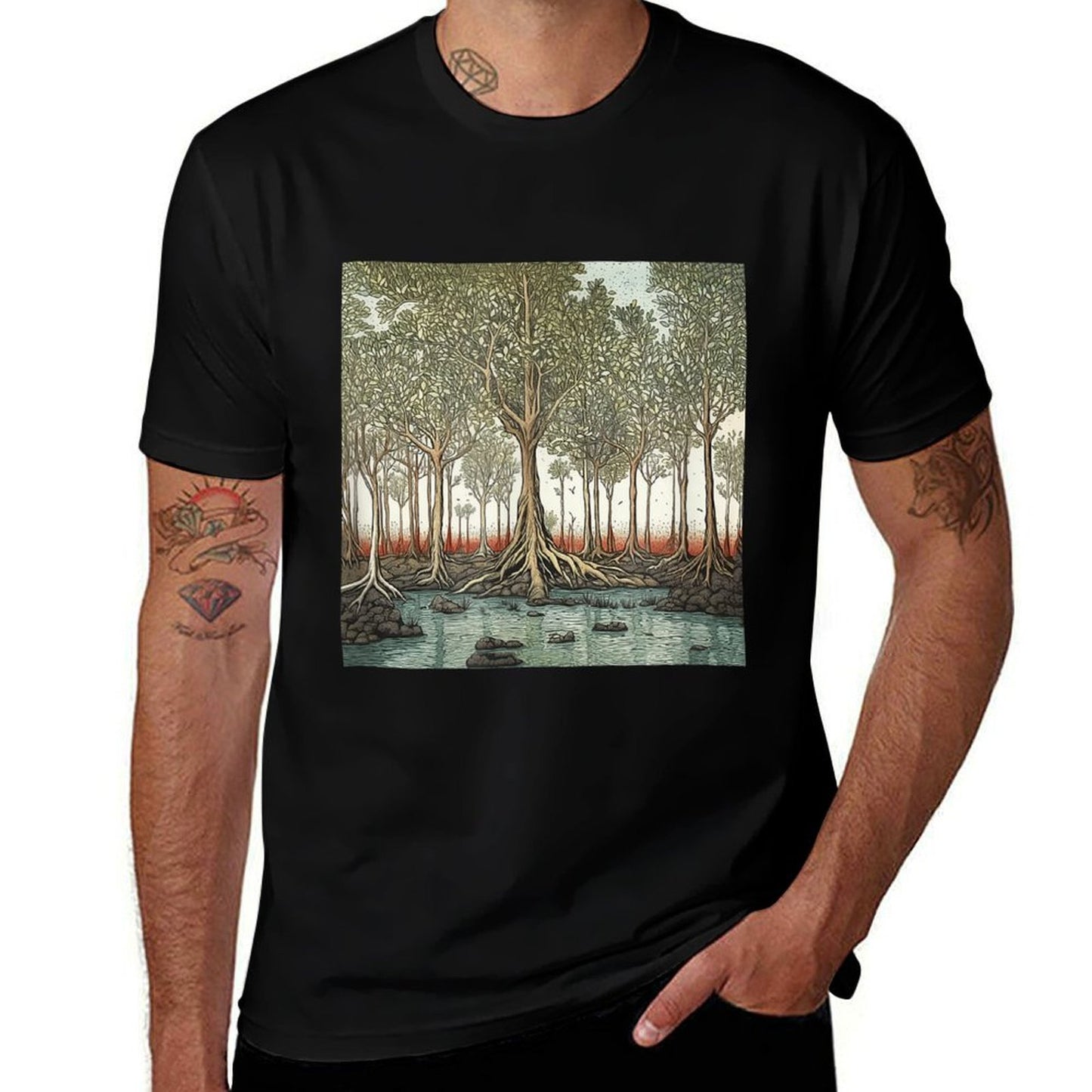 Mangrove Forest Vintage Landscape Graphic  High-quality Stitching T-Shirt