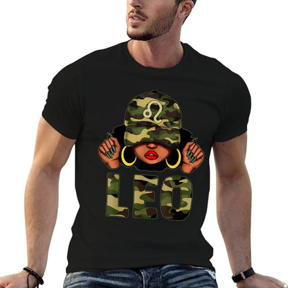 Leo Queen Black Woman With Cap Camo Afro Girl Zodiac  Versatile T-Shirt