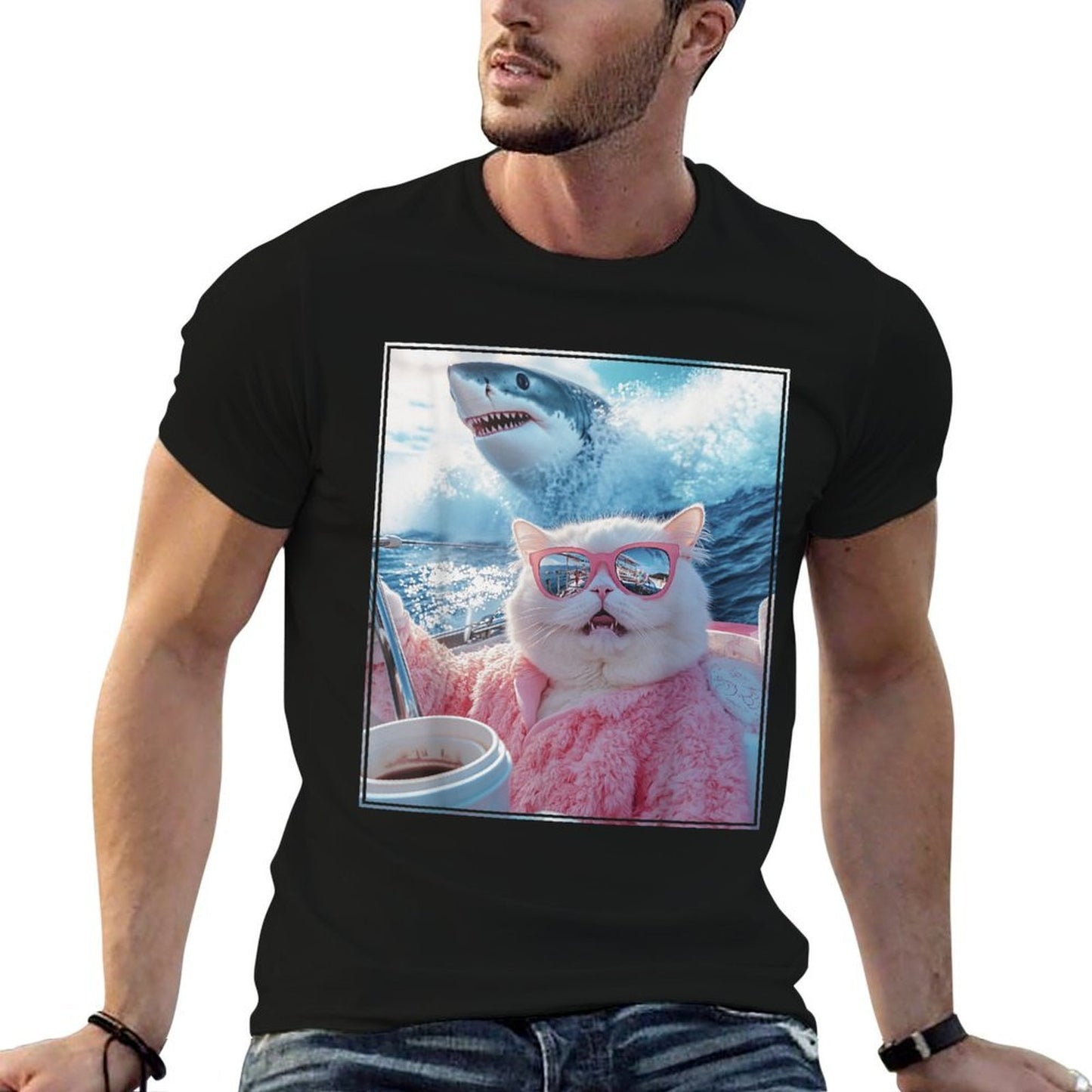 Funny Cat Shark Meme Selfie Cat on A Yacht Boat Men Women Kids  Quick-drying T-Shirt