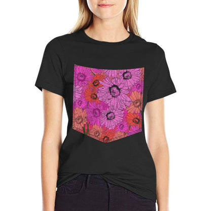 Colorful Flower Pocket Floral Pattern Botanical  Wrinkle-resistant T-Shirt