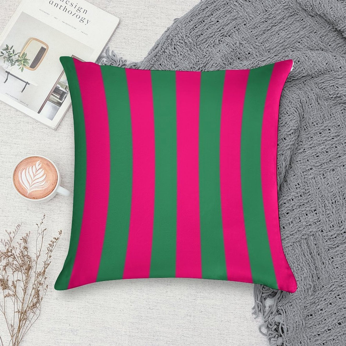 Pink And Green Stripes Soft Easy Maintenance Throw Pillow