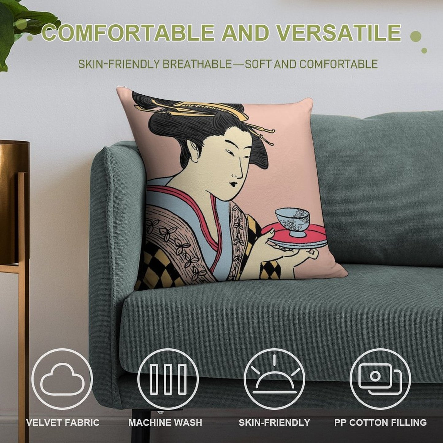 Geisha's Tea Time Soft Skin-Friendly Throw Pillow