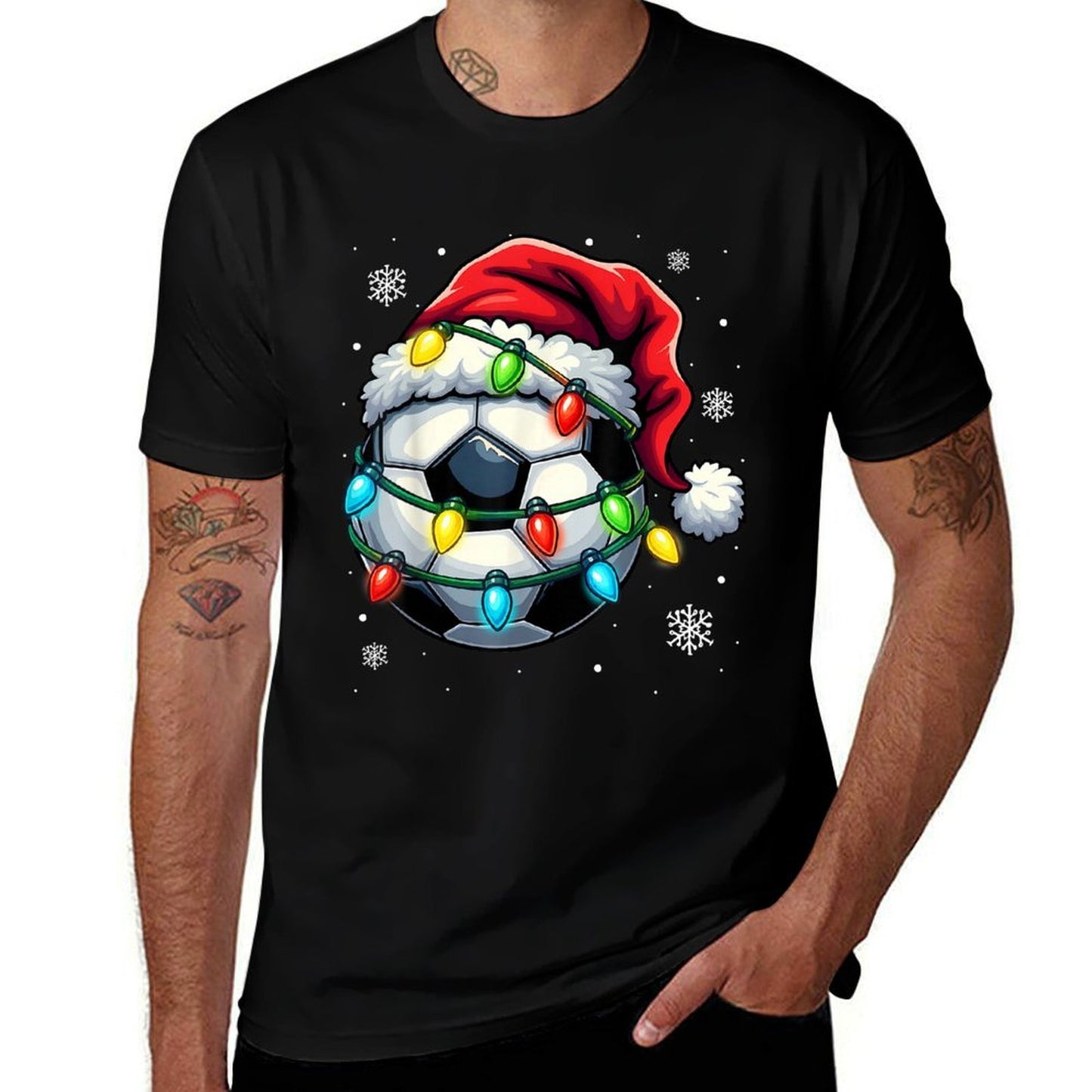 Christmas Soccer Ball Santa Hat Xmas Lights Funny Men Boys  Eco-friendly Material T-Shirt