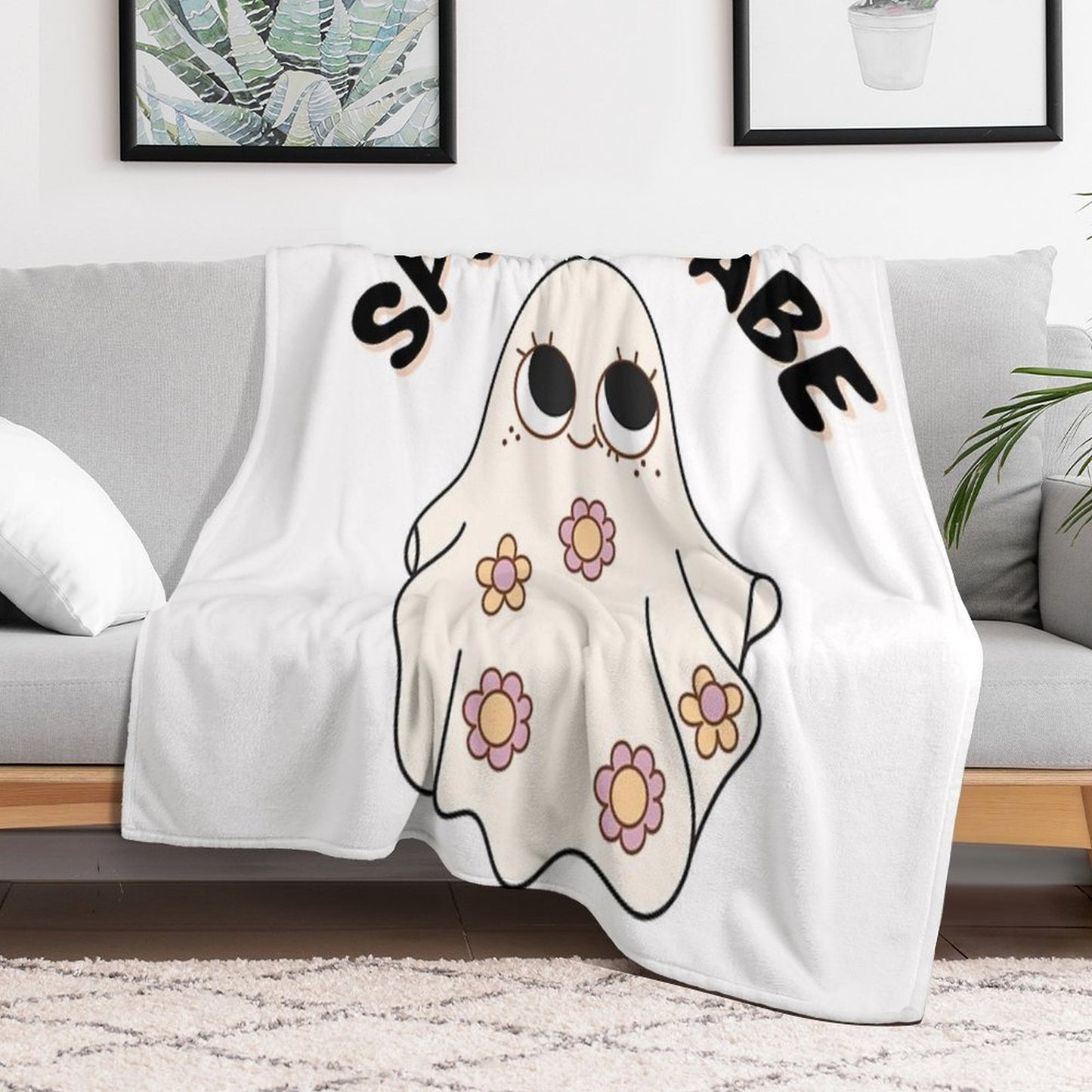 Spooky Babe  Cute Retro Halloween Ghost Girl Aesthetic Typography Design Durable Throw Blanket