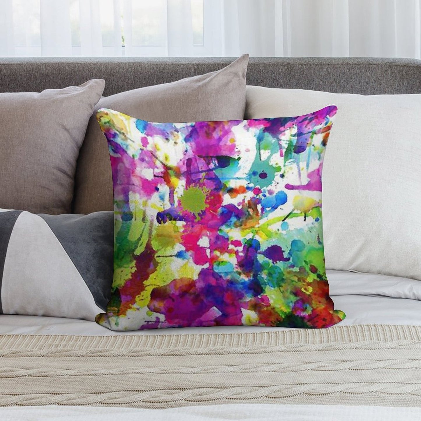 Bright Paint Splatter Squares Soft Reinforced Edging Throw Pillow