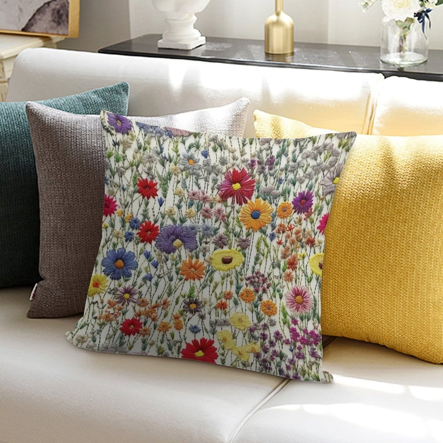 Embroidered Wildflowers Soft High-Density Material Throw Pillow