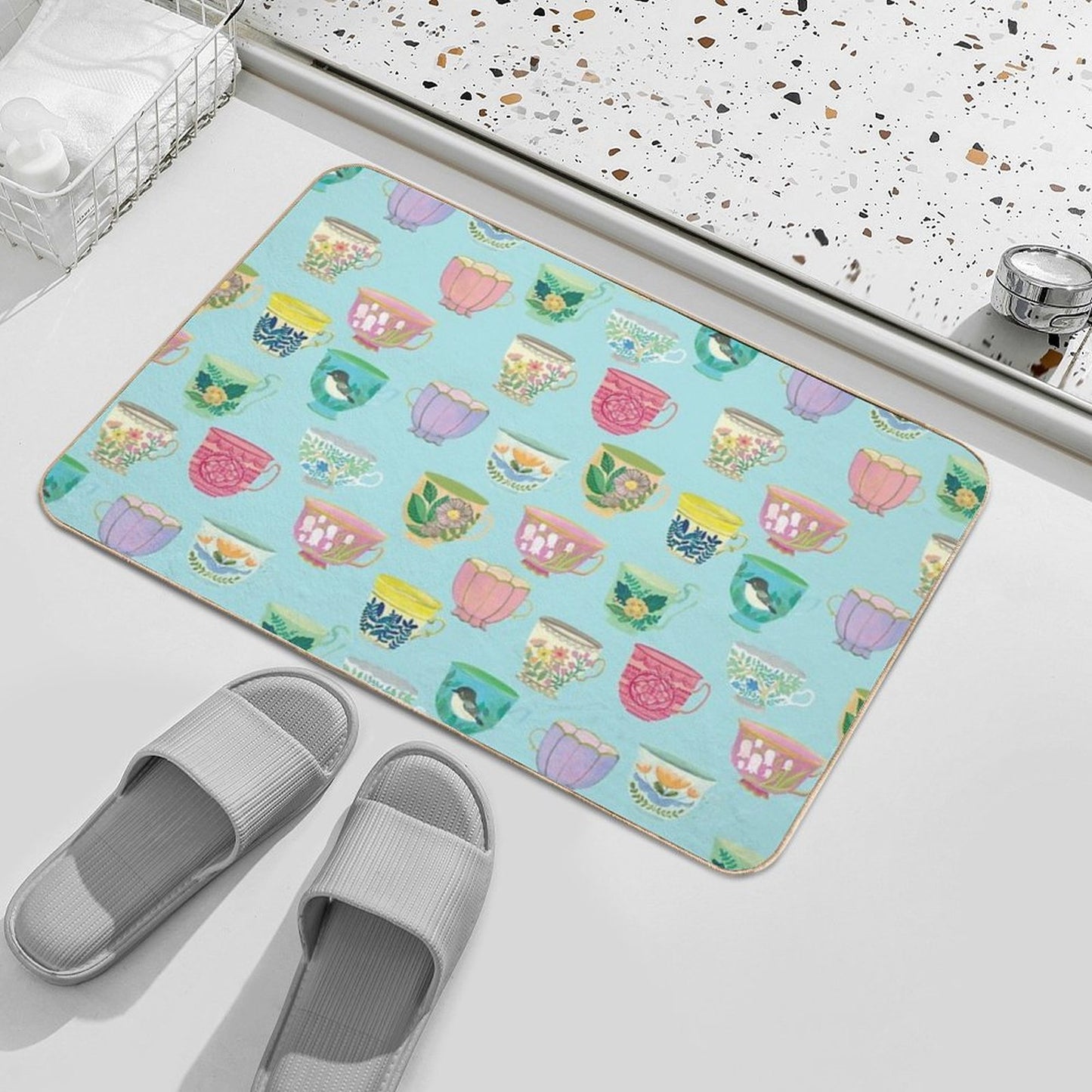 Vintage Tea Cups {Soft Blue}  Eco-Friendly Bath Mat
