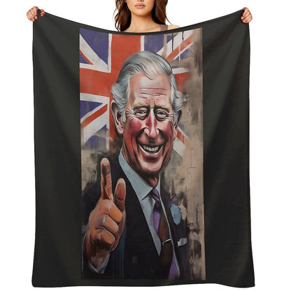 AI Generated King Charles III Coronation Union Jack - Oil Graffiti Colorful Happy Painting Eco-conscious Throw Blanket