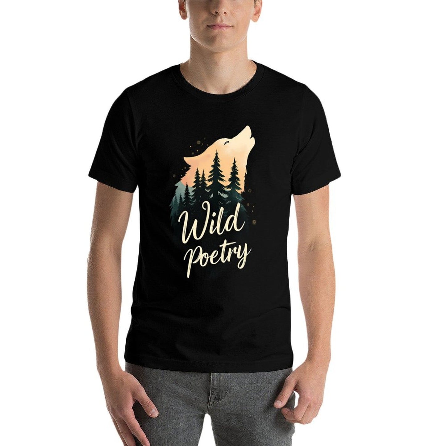 Wild Poetry Wolf - Forest Wolf Graphic for Nature Lovers  Ribbed Collar T-Shirt