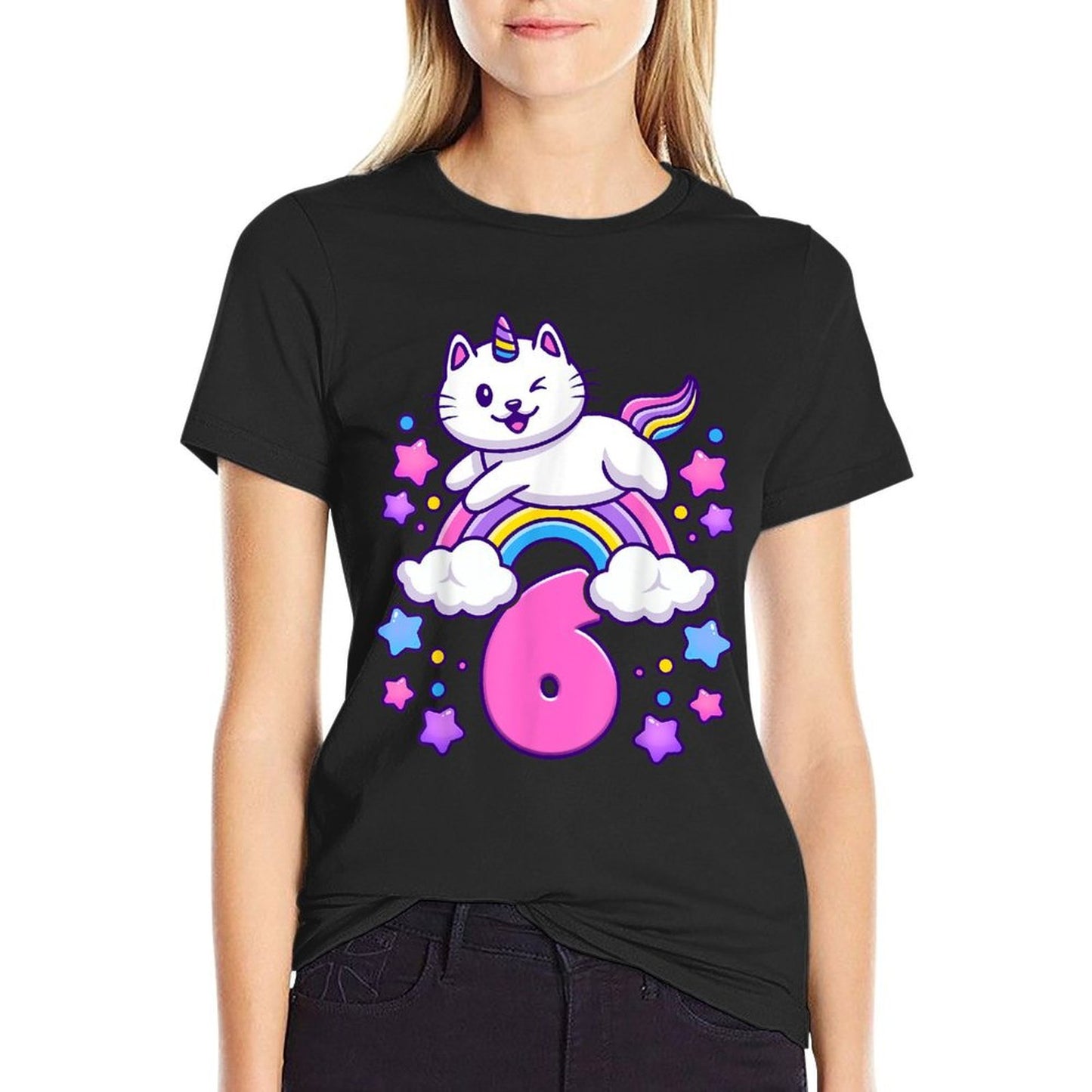 Birthday Girl 6 Years Old, Cat, Unicorn, 6th Birthday  Lightweight T-Shirt