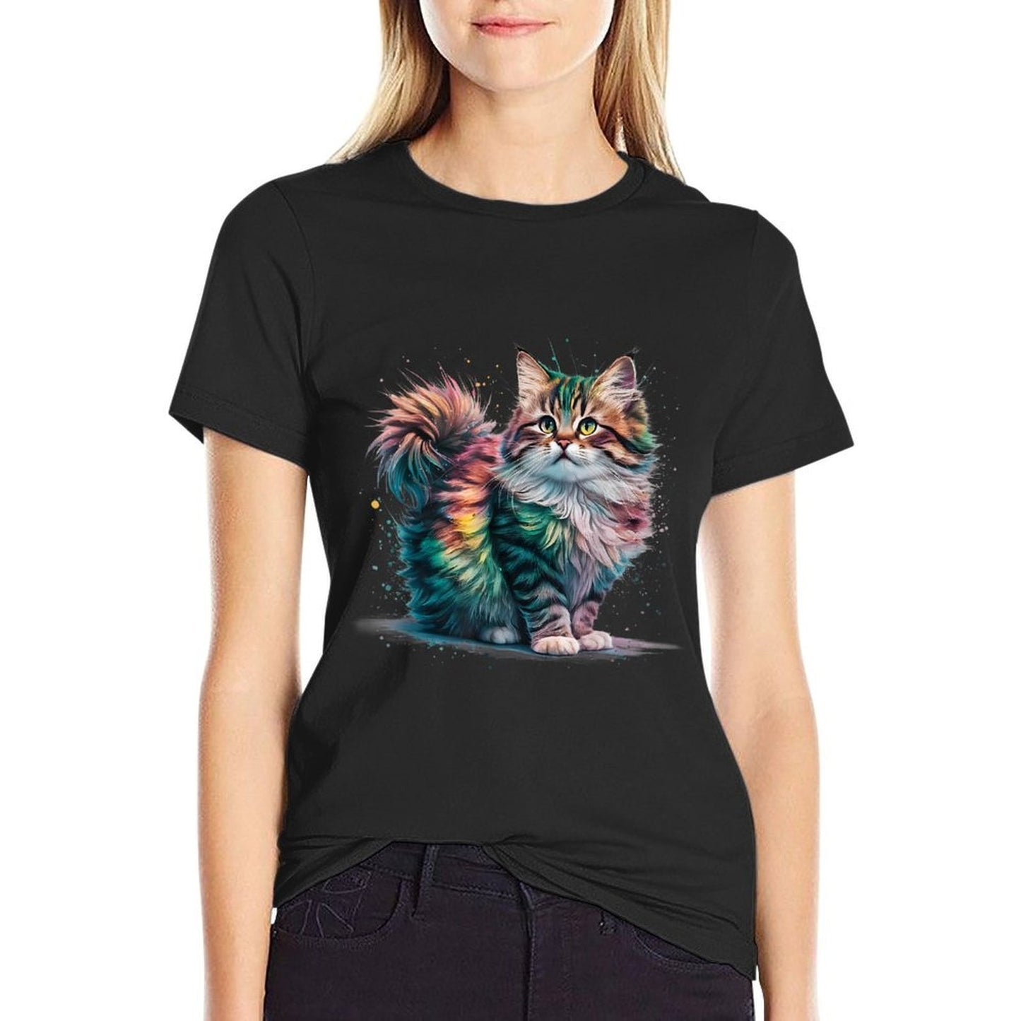 Cat Men Women Colourful Watercolour Cat  Ribbed Collar T-Shirt