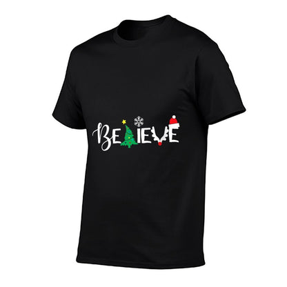 Womens Christmas Believe Tree Cute Christmas Graphics  Summer-ready Fabric T-Shirt