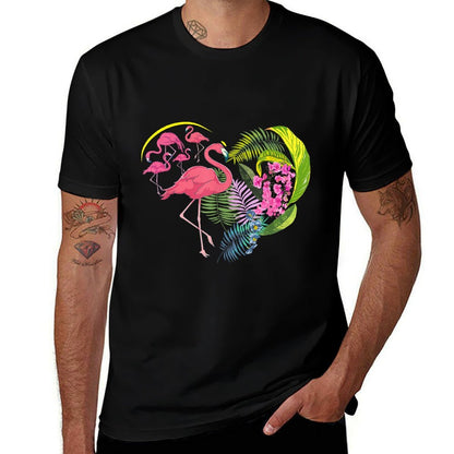 Flower Nature Hibiscus Monstera Leaves Heart Floral Flamingo  Heathered Texture T-Shirt