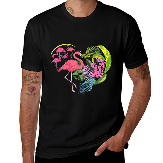 Flower Nature Hibiscus Monstera Leaves Heart Floral Flamingo  Heathered Texture T-Shirt