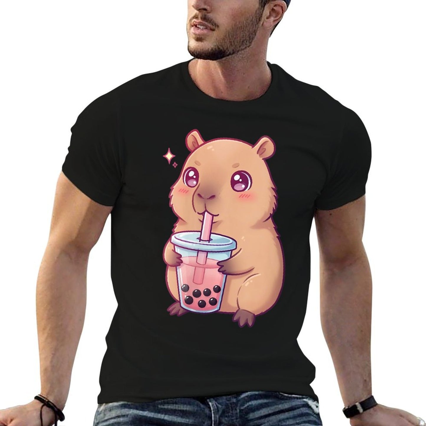 Womens Capybara Drinking Bubble Tea Japanese Design Boba Anime  Odor-resistant T-Shirt