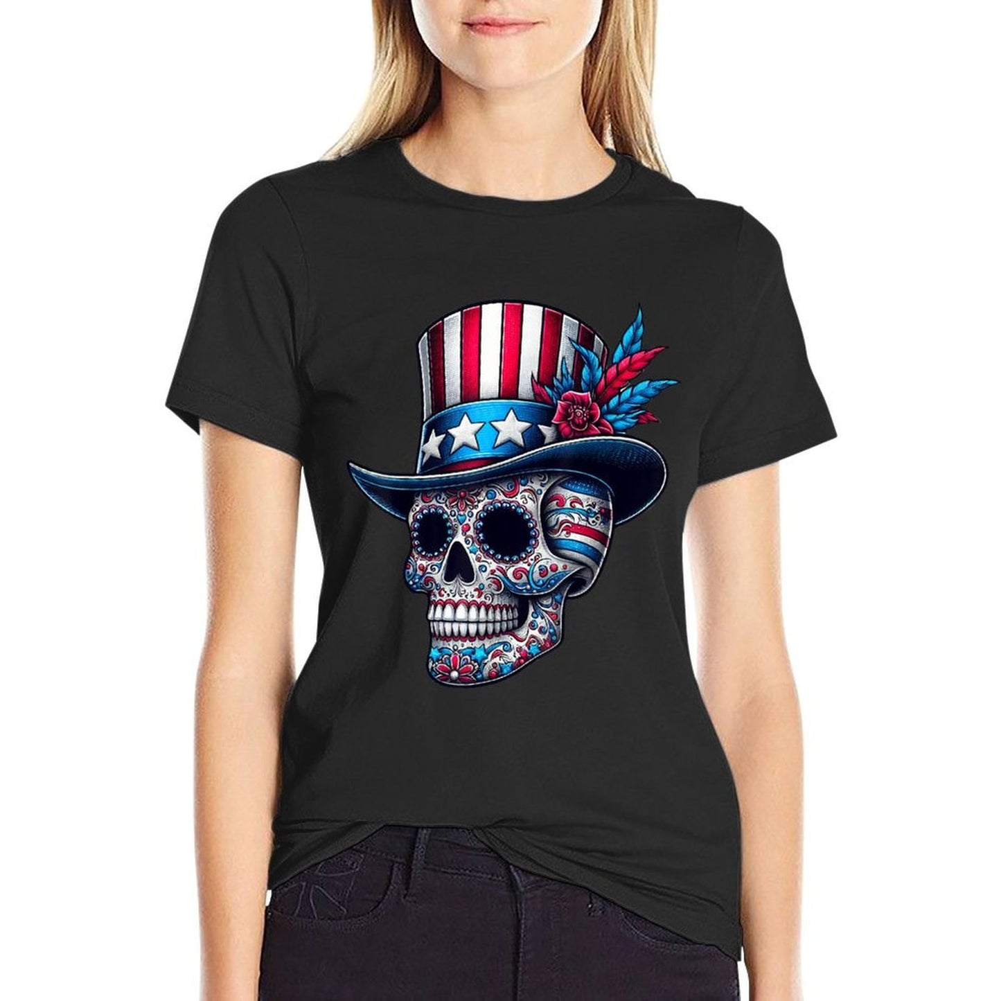 Independence Day Usa Patriot Skull 4th Of July Sugar Skull Comfortable T-Shirt