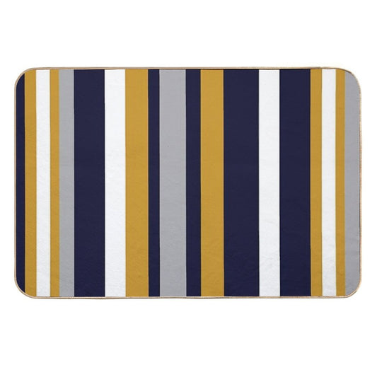 Modern Stripes Vertical Pattern in Honey Mustard Yellow, Dark Navy Blue, Gray, And White. Minimalist Color Block  Pet-Safe Bath Mat