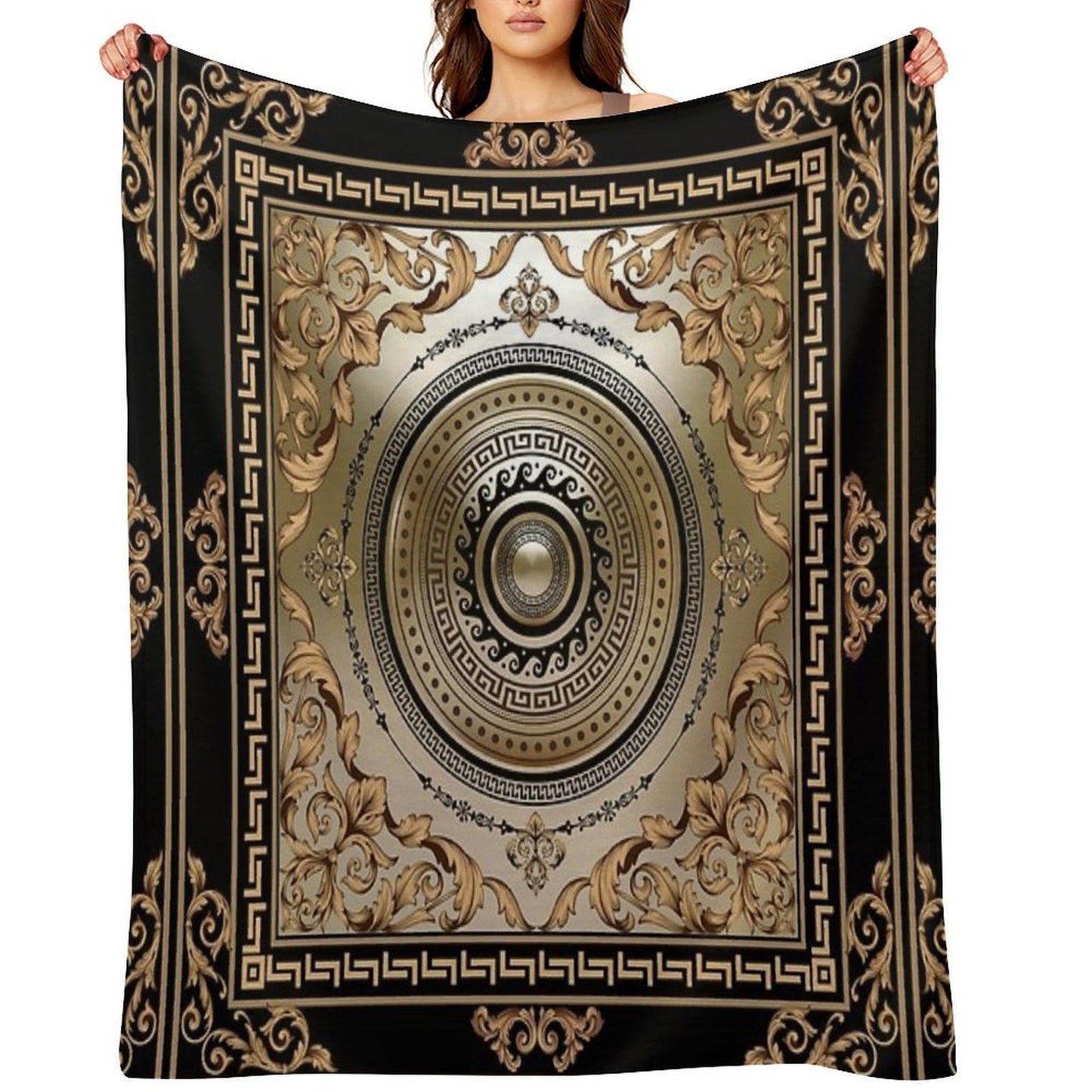 Ornate Baroque Filigree Black Bronze Greek Key Meander Durable Throw Blanket
