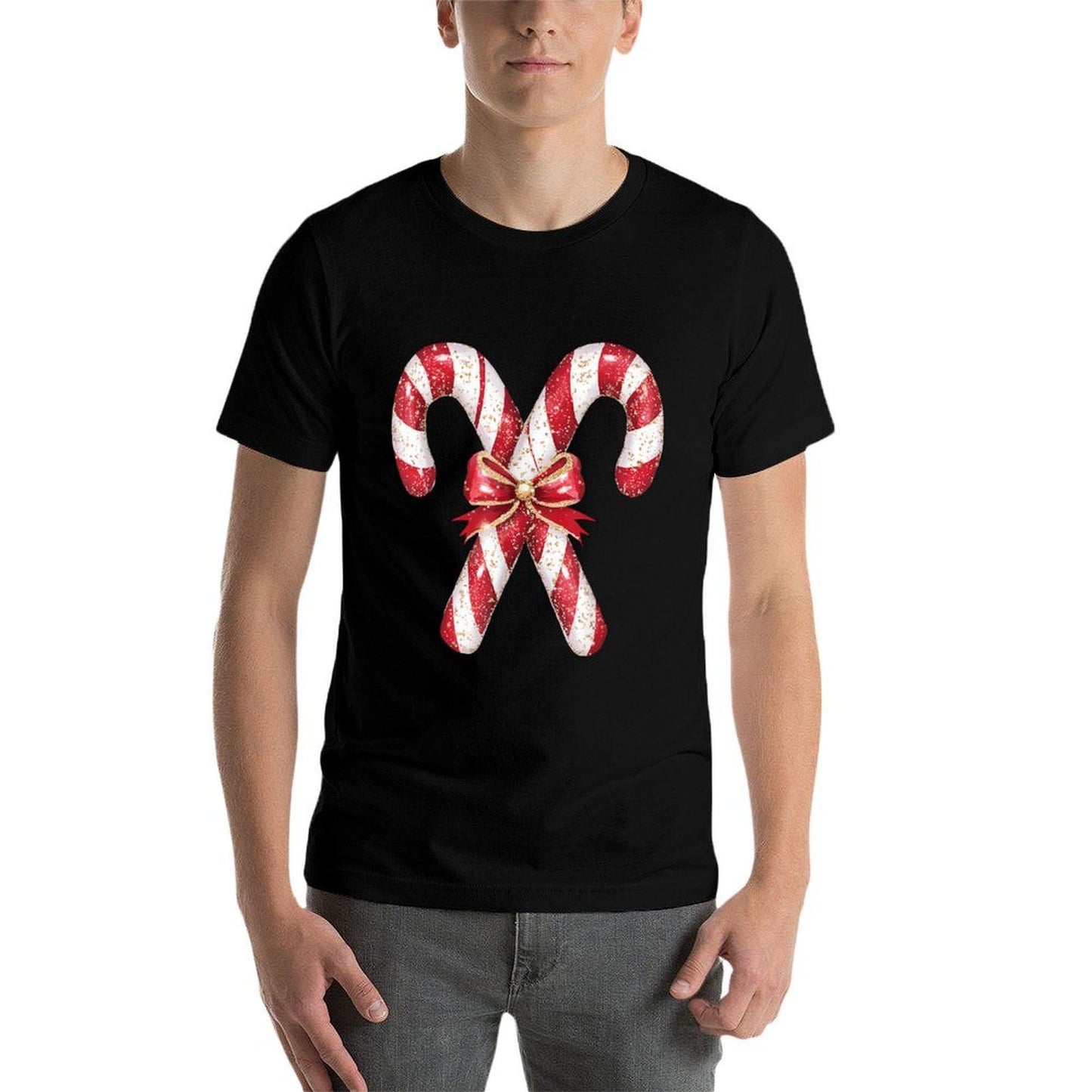 Retro Coquette Bow Candy Cane Christmas Season Girls Womens  Rolled Sleeves T-Shirt