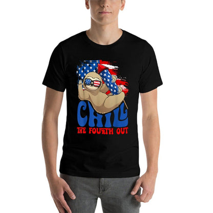 Chill The Fourth Out Sloth USA Independence 4th Of July  Rolled Sleeves T-Shirt