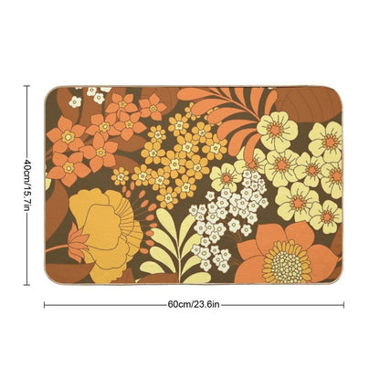 Brown, Yellow, Orange & Ivory Retro Flowers Durable Bath Mat