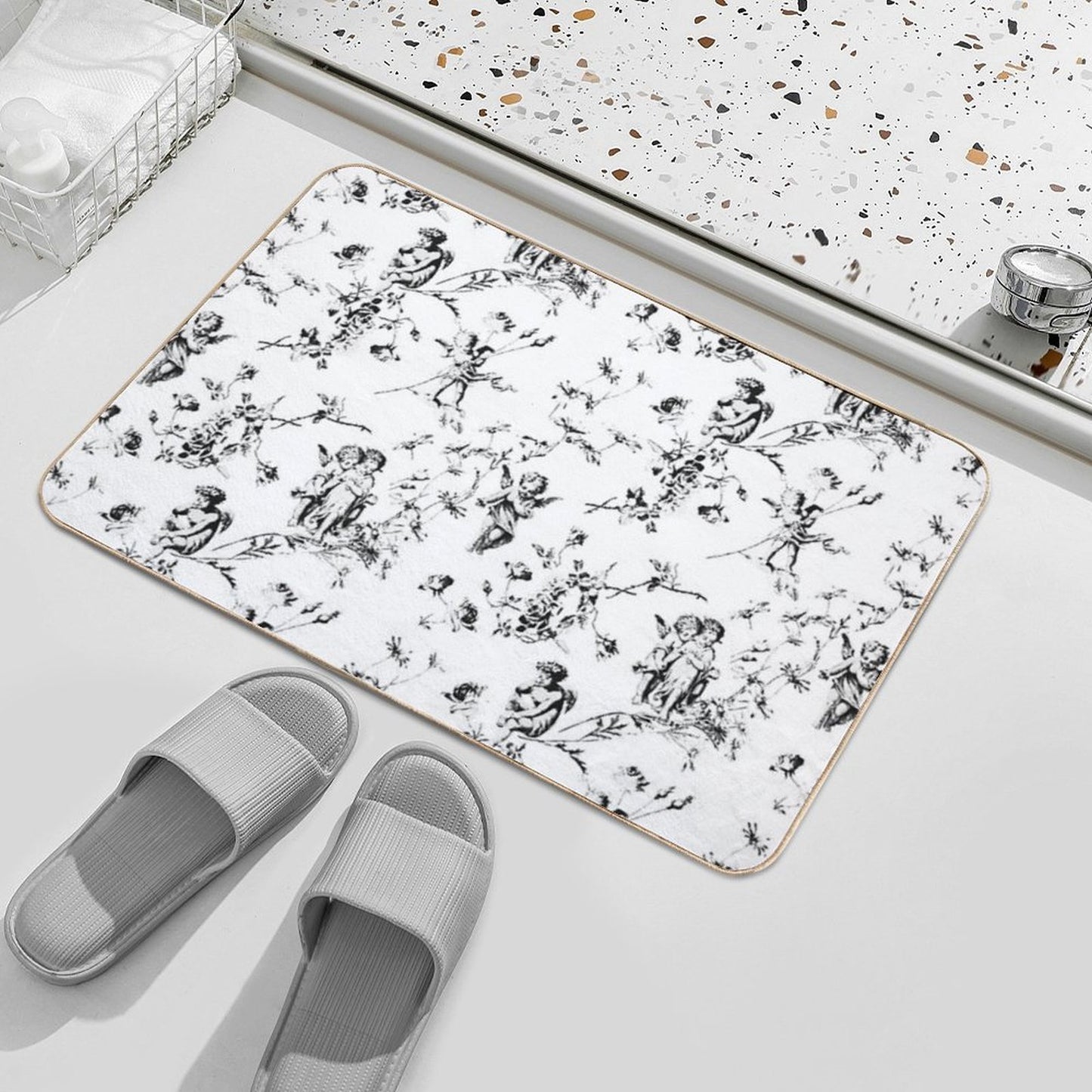 Modern Vintage Cupid Angels Black White Floral Toile  High-Traffic Bath Mat