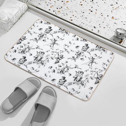 Modern Vintage Cupid Angels Black White Floral Toile  High-Traffic Bath Mat